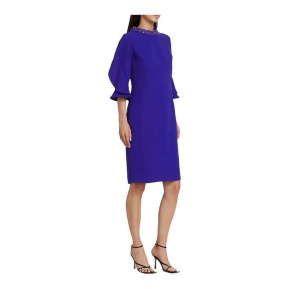Teri Jon Blue Tulip Sleeve Crepe Cocktail Dress Size 16 - Picture 4 of 12